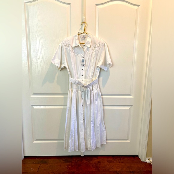 Vintage NWT Cotton Western Lace Shoulder Pad Midi Belted Dress VTG 14 - Picture 1 of 14
